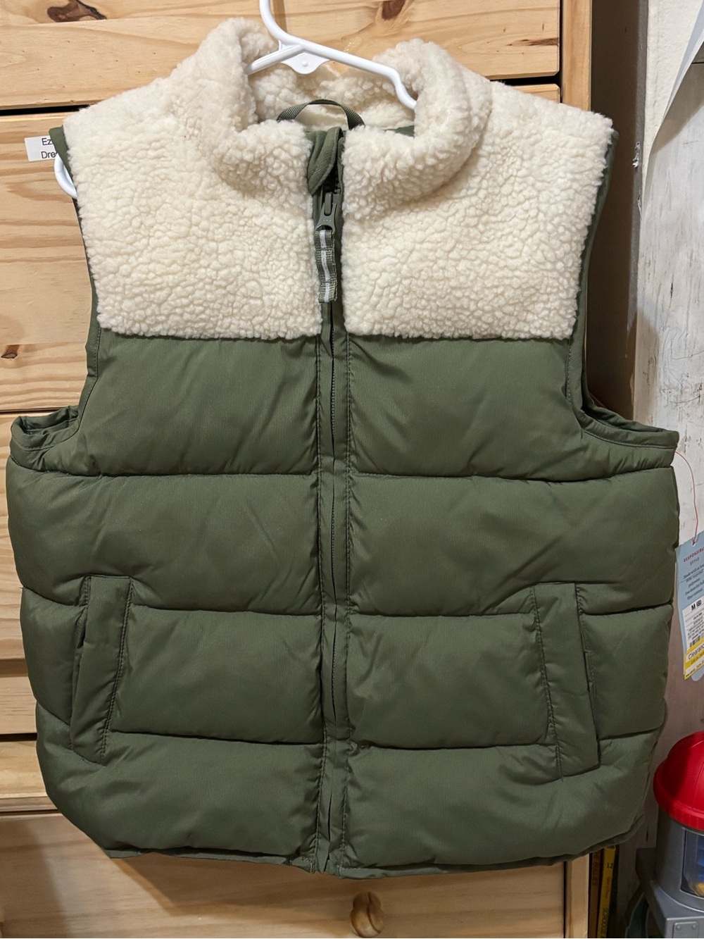 Cat & Jack Olive Green Puffer Vest with Cream Sherpa Collar